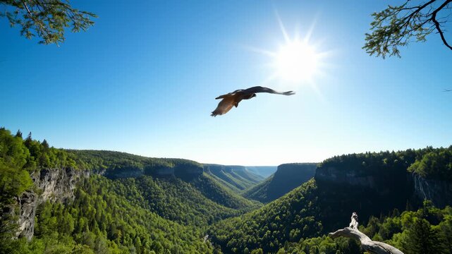 Red Tailed Hawk Taking Flight Over Canyon on Sunny Day