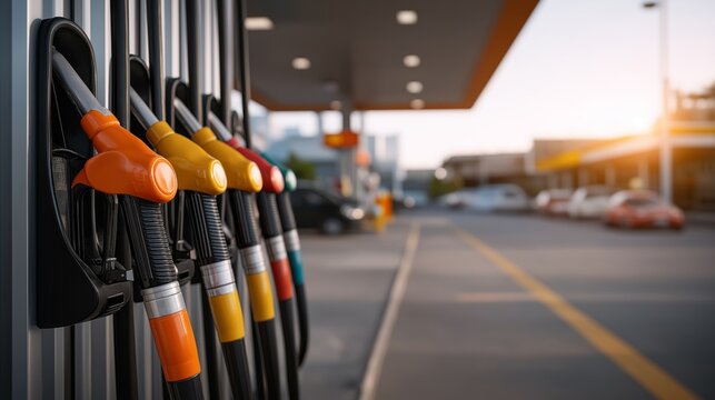 A row of gas pumps are lined up at a gas station