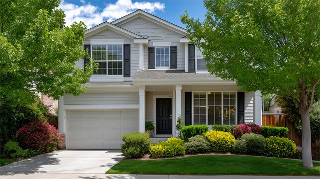 Modern suburban home exterior with gray vinyl siding, white double-hung windows, green bushes and small trees in foreground, sunlight creating highlights and shadows across the fac