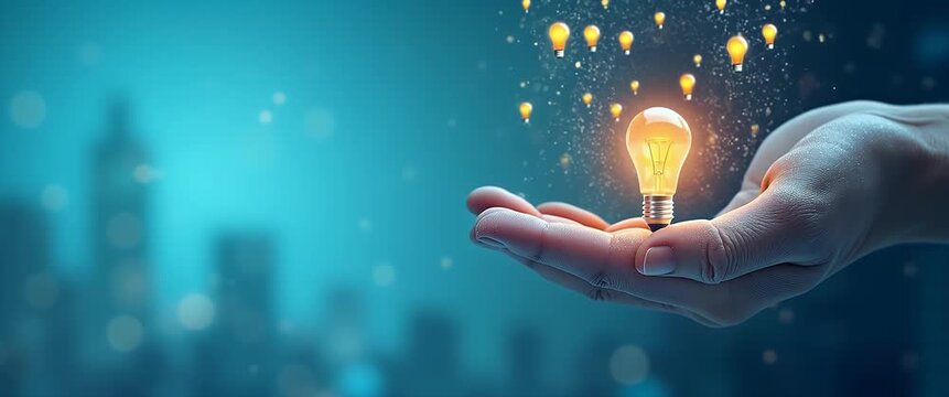 Hand cradling glowing lightbulb ideas in a dreamy, bokeh cityscape; light particles gently drift as camera pans slowly, creating a cinematic ambience centered on innovation and creativity.