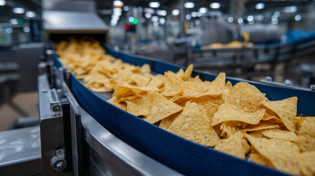 Automated factory conveyor transporting crackers for packaging, industrial machinery in background, hygienic stainless steel equipment, modern food processing plant, wide-angle fac