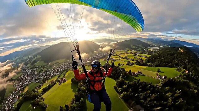 Paragliding adventurer soaring above green hills at stunning sunset