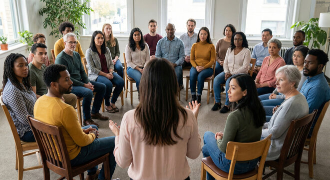 A female facilitator gestures while addressing a large, diverse group of adults seated in a circle during a support group meeting or therapy session.