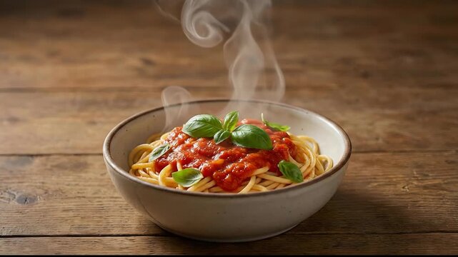 Steaming authentic spaghetti with rich tomato sauce and fresh green basil, captured close-up on a warm, rustic wooden background.