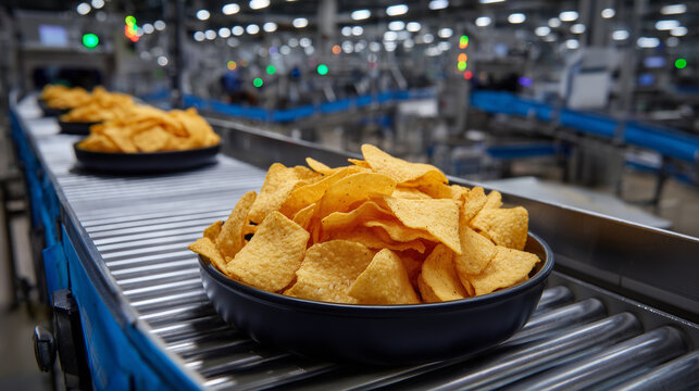 Close-up of stack of crispy snacks on factory conveyor belt, metal rollers and automated sorting arms in background, high detail, industrial food production, production line machin