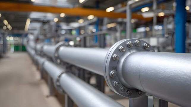 Close up view of large silver industrial pipes with bolted flanges arranged in parallel within a modern factory production environment