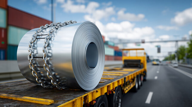 Close-up of heavy steel coils on truck trailer, chains and securing straps in sharp focus, logistics and manufacturing supply chain context, highway background slightly blurred, in