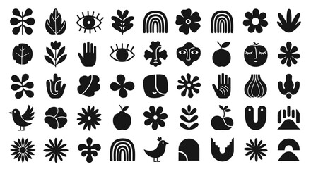 A collection of diverse, abstract, and stylized graphic icons featuring plants, eyes, hands, rainbows, birds, and geometric shapes. © TsuyuriTanae