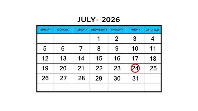 The calendar of July month 24th day is red circled, looped animation .Avery important date in the calendar. Signing a day on a calendar. 4k animation white background 