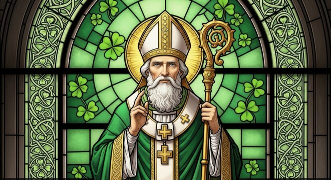 Stained glass Saint Patrick with shamrocks and Celtic patterns