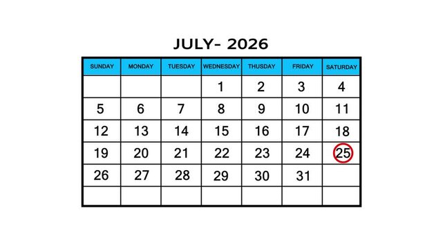 The calendar of July month 25th day is red circled, looped animation .Avery important date in the calendar. Signing a day on a calendar. 4k animation white background 