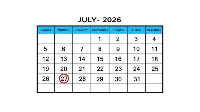 The calendar of July month 17th day is red circled, looped animation .Avery important date in the calendar. Signing a day on a calendar. 4k animation white background 