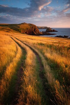 Tire Tracks Across a Windswept Field with Distant Coastal Headland near St. Abbs Head, Scottish Borders