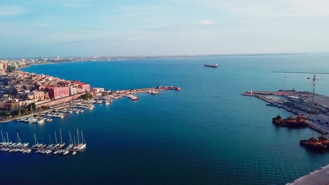 Taranto, Italy, city view, harbor, industrial city, sea city, mussel culture, Ilva factory, panorama, landscape, aerial shot, travel, travelling, vacation, holiday, tourist, tourism, high angle, cinem