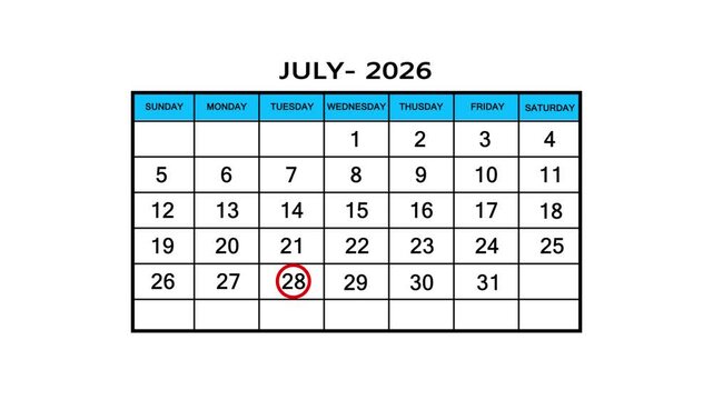 The calendar of July month 28th day is red circled, looped animation .Avery important date in the calendar. Signing a day on a calendar. 4k animation white background 