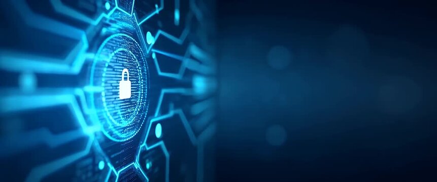 Futuristic digital security lock glowing in a dynamic circuit board environment, with a steady camera pan revealing the intricate network connections; cinematic, high-tech visual style.