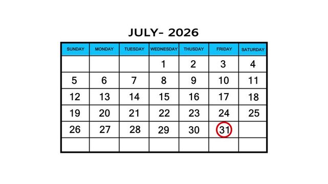 The calendar of July month 31th day is red circled, looped animation .Avery important date in the calendar. Signing a day on a calendar. 4k animation white background 