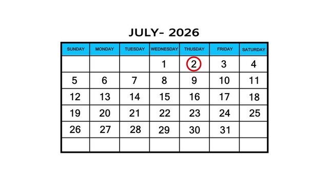 The calendar of July month 2th day is red circled, looped animation .Avery important date in the calendar. Signing a day on a calendar. 4k animation white background 