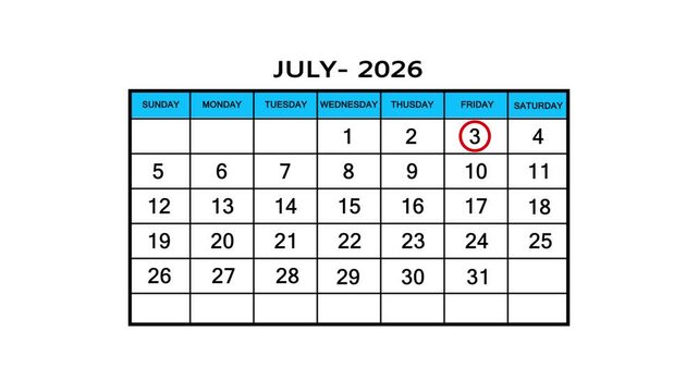 The calendar of July month 3th day is red circled, looped animation .Avery important date in the calendar. Signing a day on a calendar. 4k animation white background 