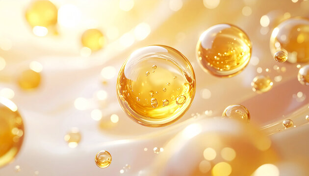 ゴールドの美容液オイル滴と気泡の3Dイメージ　ビタミンC・レチノール・ペプチドなど美容成分コンセプト　Golden serum oil droplets 3D illustration vitamin C retinol peptide beauty ingredients concept