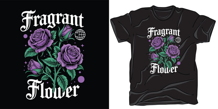 A beautiful purple rose bouquet with a fragrant flower phrase for t-shirt design
