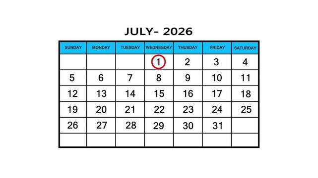 The calendar of July month 1th day is red circled, looped animation .Avery important date in the calendar. Signing a day on a calendar. 4k animation white background 