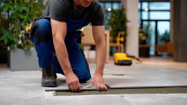 Worker installing large gray ceramic tiles, floor renovation in progress, renovation team tools and tiles in background, indoor home improvement environment, high-detail realistic