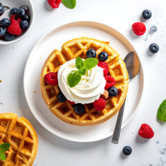 Round waffle topped with berries & whipped cream on a white plate