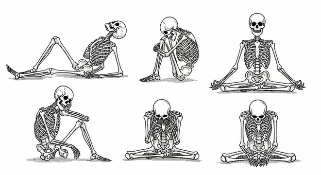 Six detailed black and white illustrations of human skeletons in various seated yoga poses against a white background.