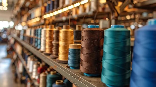 A close-up shot of colorful spools of thread arranged on a shelf in a workshop.