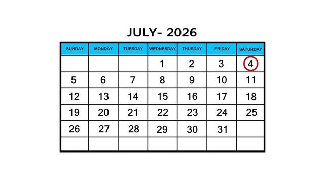The calendar of July month 4th day is red circled, looped animation .Avery important date in the calendar. Signing a day on a calendar. 4k animation white background 