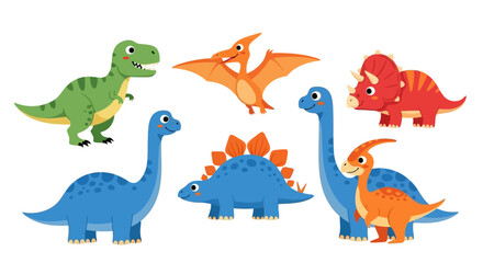 A vibrant illustration featuring a diverse collection of cartoon dinosaurs in various poses and colors, set against a white background. © Friska