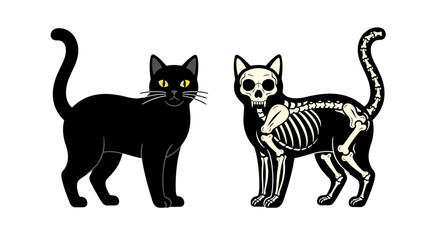 A black cat with bright yellow eyes stands next to a skeleton cat showing its bones, on a white background. © Friska