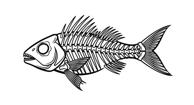A detailed black and white illustration of a fish skeleton, showcasing its intricate bone structure and fins.