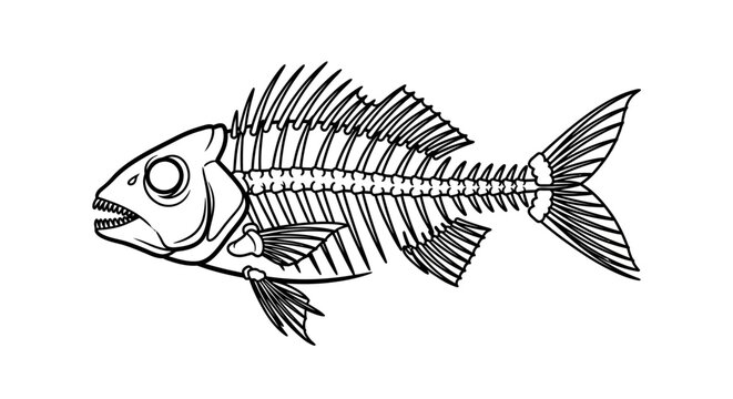 A detailed black and white illustration of a fish skeleton, showcasing its intricate bone structure.
