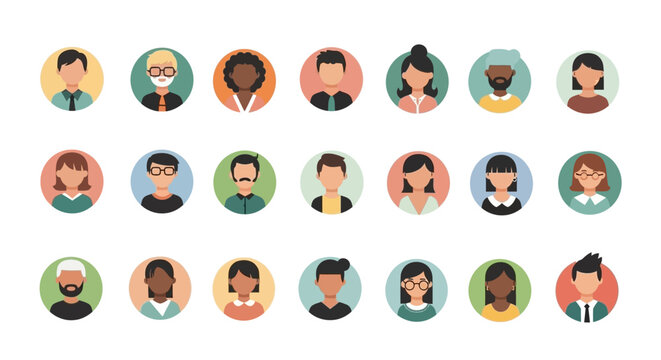 A diverse collection of flat design avatar icons representing various people in a circular format.