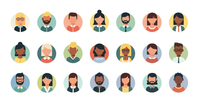 A diverse collection of flat design avatar icons representing various people with different hairstyles, ethnicities, and clothing styles.