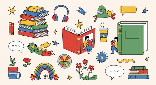 A vibrant collection of illustrated elements related to reading, learning, and relaxation, featuring books, headphones, coffee, and whimsical characters.