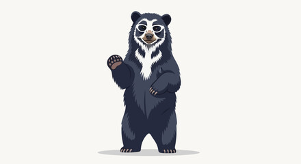 An illustration of a spectacled bear standing upright and waving its paw. © Friska