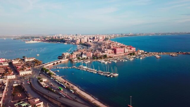 Taranto, Italy, city view, harbor, industrial city, sea city, mussel culture, Ilva factory, panorama, landscape, aerial shot, travel, travelling, vacation, holiday, tourist, tourism, high angle, cinem