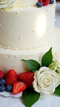 A beautiful close-up of a white tiered wedding cake decorated with fresh berries, white roses, and elegant pearls. Perfect for celebrations and romanc