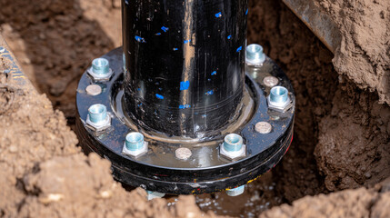 Macro view of industrial water pipe flange, bolts and sealant visible, outdoor construction site