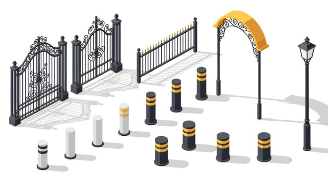 Collection of urban street furniture including ornate gates, modern bollards, an archway, and a lamppost.