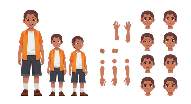 A set of character design elements for a young Black boy, including full body figures and various facial expressions and body parts.