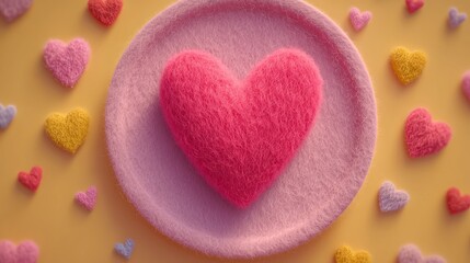 Pink felt heart on plate with colorful hearts on pastel background