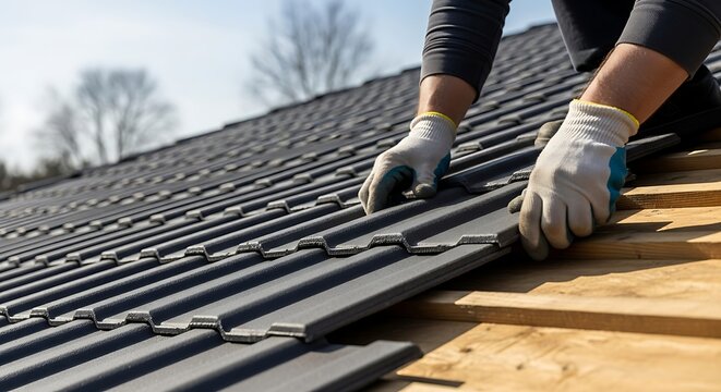 Professional roofer installing grey concrete roof tiles with gloved hands