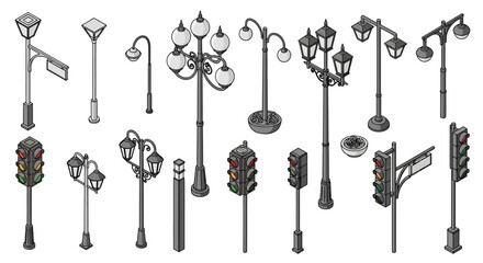 A collection of isometric street lights and traffic signals, rendered in a grayscale, pixel art style. © Ega