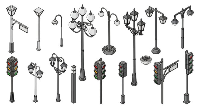 A collection of isometric street lights and traffic signals, rendered in a grayscale, pixel art style.