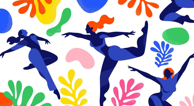 Vibrant illustration of dancers in dynamic poses against a backdrop of colorful abstract shapes and botanical elements.