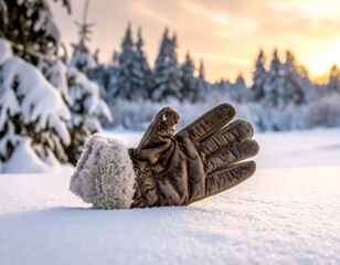 Lost glove buried in snow, winter landscape, fir trees, warm light, cold background